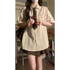 日系复古卡通刺绣短袖衬衫女2025夏休闲百搭高级感ins风情侣短衬，男装T恤，星座1210-1