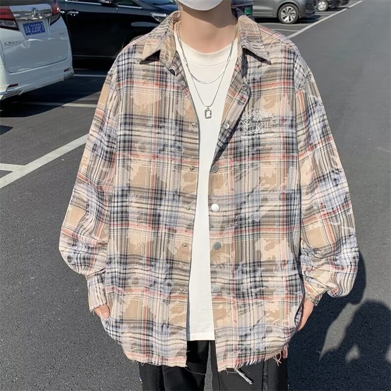 美式复古潮牌破坏感格子衬衫男女休闲显瘦慵懒风衬衣外套C145/P55,男装衬衫,星座506