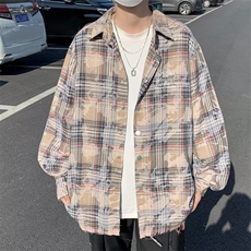美式复古潮牌破坏感格子衬衫男女休闲显瘦慵懒风衬衣外套C145/P55，男装衬衫，星座506