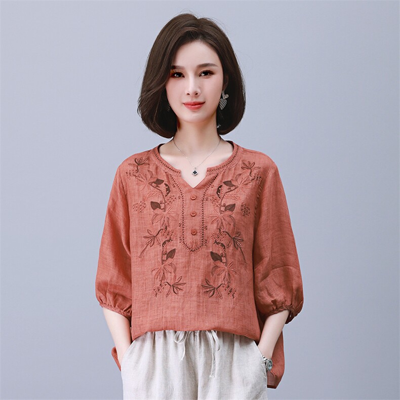 2025夏季纯苎麻刺绣简约气质宽松时尚休闲显瘦舒适上衣,女装衬衫,独衣靓