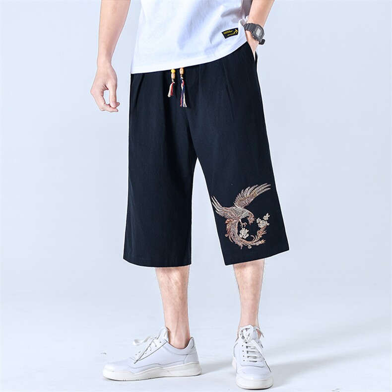 夏季男士休闲裤七分短裤棉麻刺绣直筒中裤潮流男装A266-1-K09-P50,男装休闲裤,电商A266-1