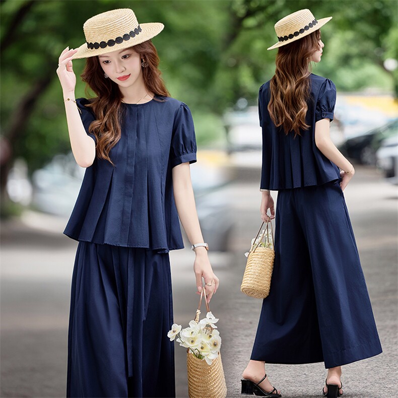 春夏设计感捏褶泡泡袖气质减龄短袖上衣阔腿裤休闲通勤套装女，女装套装/套裙，水衣源