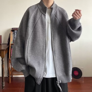 简约纯色立领拉链毛衣外套休闲秋冬新款中式潮牌宽松情侣针织开衫图片