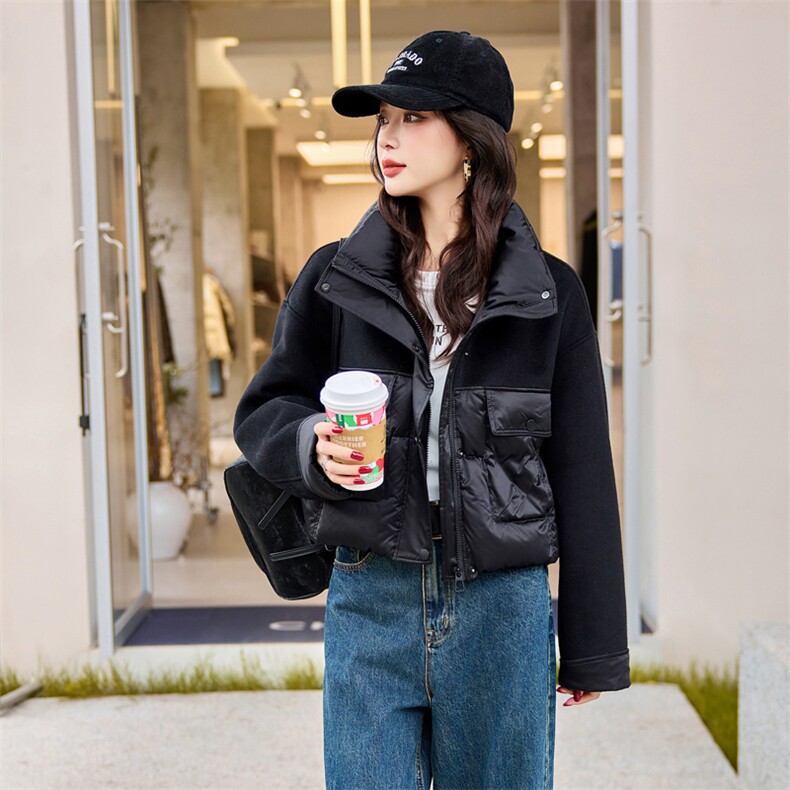 立领毛呢拼接白鸭绒羽绒服女2025冬季时尚短外套大翻领,女装羽绒服,梦懿尔