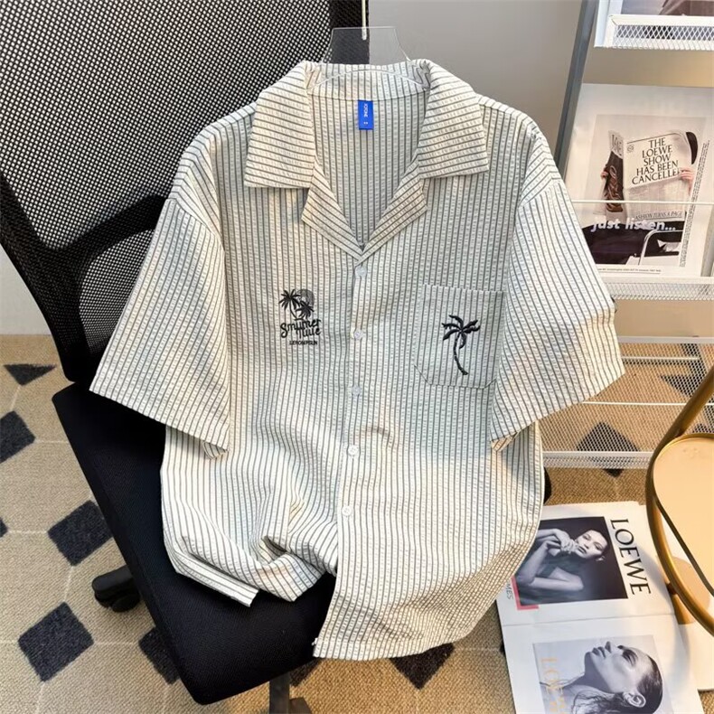 日系复古条纹短袖衬衫新设计感小众宽松休闲衬衣夏上衣G347P42,男装T恤,星座1013-5