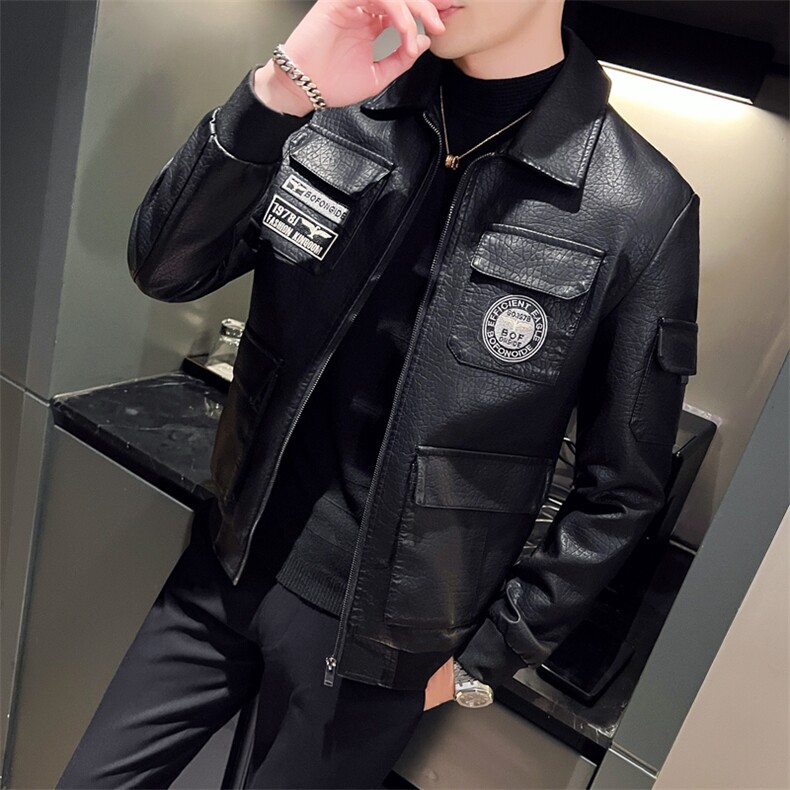 M-5XL修身翻领PU机车皮衣外套夹克男py5616-p118加绒p128,男装皮衣,电商D303