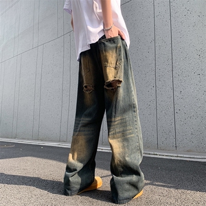 新款夏季复古水洗做旧破洞牛仔裤男款美式潮牌宽松休闲裤子图片
