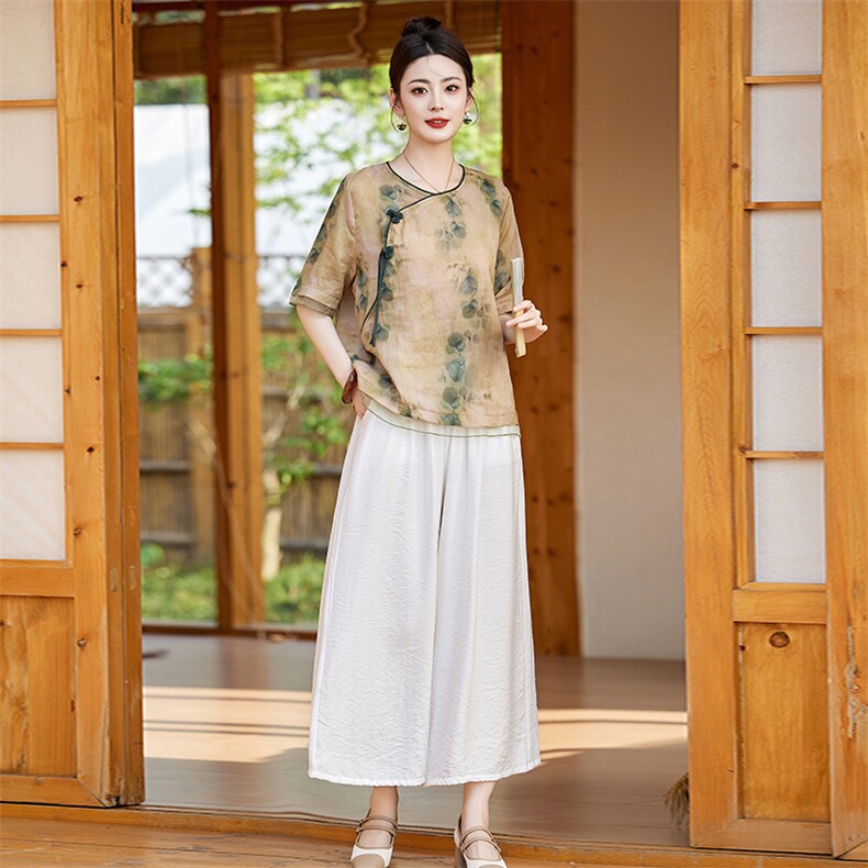 苎麻套装高端女装中式guo风印花上衣新款春夏季时尚棉麻阔腿裤,女装套装/套裙,衣之秀