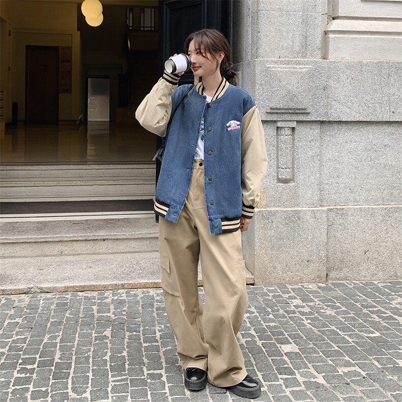 美式复古休闲夹棉牛仔外套女春秋季宽松百搭bf慵懒风棒球服夹克潮,女装牛仔外套,天使之佳话