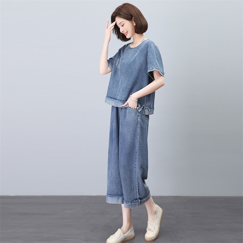 休闲牛仔套装女装2025夏装新款减龄中年时尚妈妈小个子穿搭两件套,女装套装/套裙,悦见她