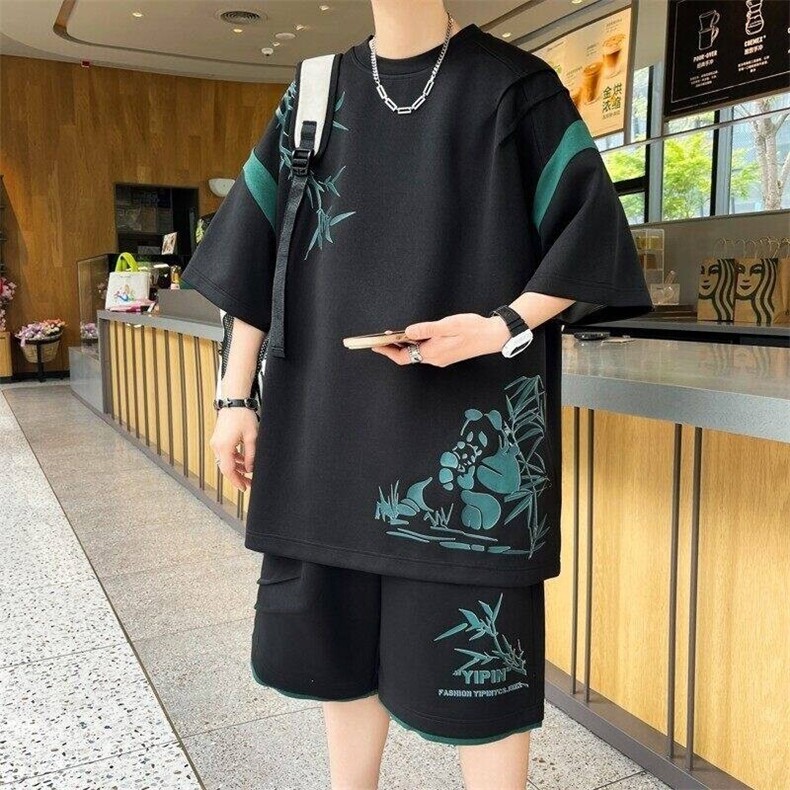 TZ24350-特P50短袖T恤男生休闲套装宽松男装新中式t恤学生两件套,男装T恤,电商D310B