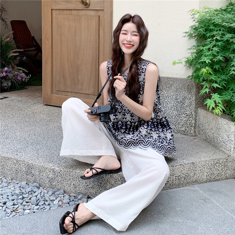 大方得体印花背心阔腿裤套装女夏季超火清冷松弛感两件套显瘦,女装套装/套裙,2C166