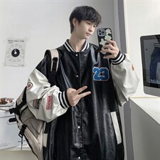 2035-P85港风春秋新款夹克男字母刺绣港风棒球服宽松休闲PU皮外套，男装夹克，星座1109-2