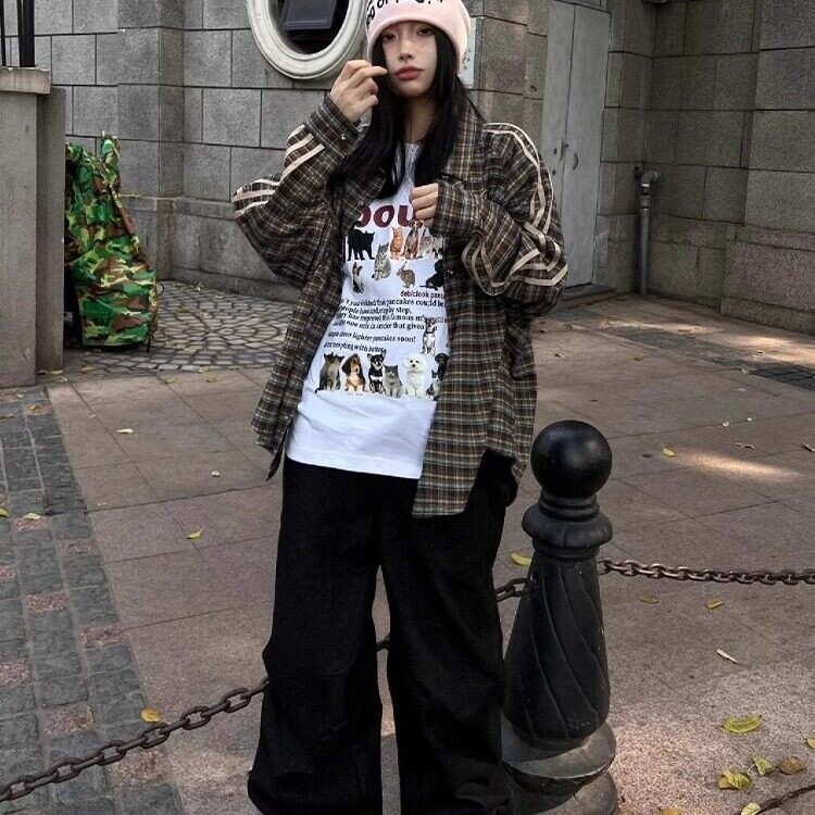 美式潮牌格子衬衫字母刺绣条纹衬衣外套宽松长袖上衣潮JKK03P55,男装衬衫,电商D256-2(原A064-2)