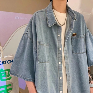 男夏季短袖衬衫棉刺绣牛仔衬衫外套N101P38图片