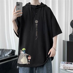 LD54152-P45 连帽短袖t恤男大码胖子带帽五分袖中袖图片