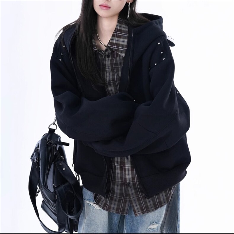 6168-P72美式复古珍珠设计感连帽短款卫衣女外套,女装短外套,电商B323A