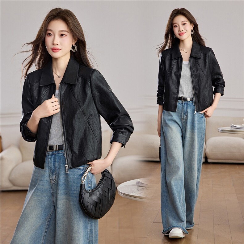 洋气减龄翻领皮衣外套女2026春秋新款宽松休闲小个子短款夹克上衣,女装皮衣,潮流依族