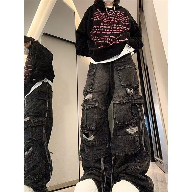 黑色多口袋破洞牛仔工装裤女2025美式重工设计感宽松直筒阔腿裤子,男装牛仔裤,星座506A