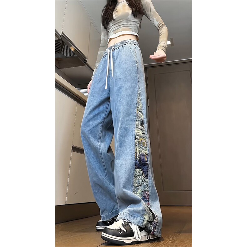 潮小熊拼接刺绣牛仔裤男嘻哈痞帅宽松直筒大码裤子XK66133特p35,男装牛仔裤,电商A042