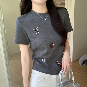 TT067-P35 螺纹短袖t恤女2025新款刺绣短款修身正肩圆领韩版上衣图片