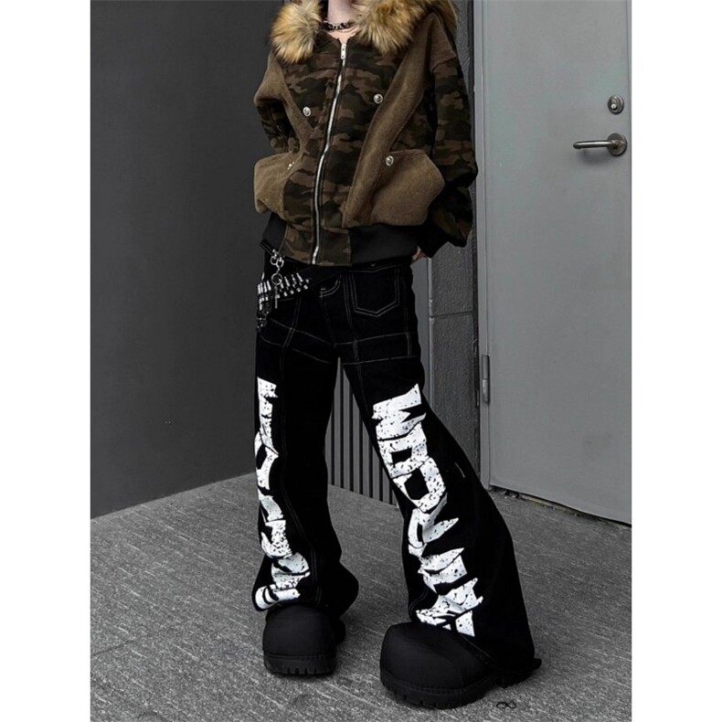 美式街头字母印花暗黑工装弯刀牛仔裤潮牌复古高街街头长裤男女，男装牛仔裤，四季星座505