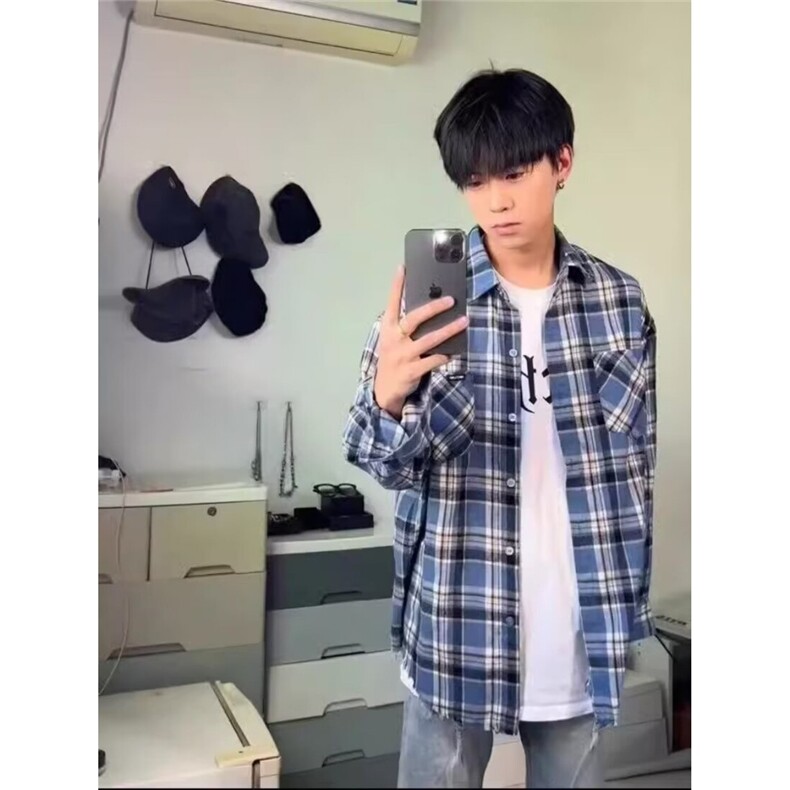 CS08-P33日系少年感毛边格子衬衫男春秋新款潮牌百搭,男装衬衫,电商B323A