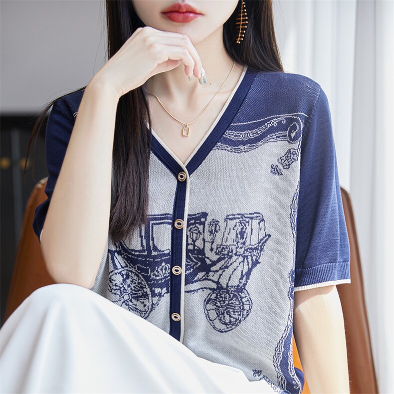 高级感复古提花夏季V领假开衫短袖女天丝薄款洋气休闲透气撞色T恤,针织衫/毛衣,郡淞羊绒