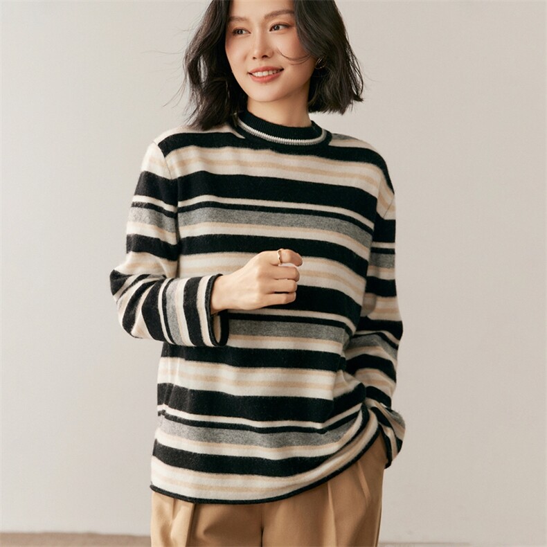 新款圆领条纹针织长袖套头上衣女,针织衫/毛衣,鸥蕊娅羊绒