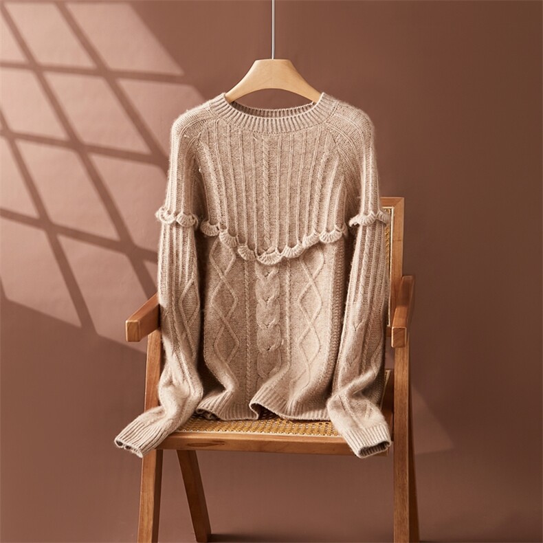 秋冬新款荷叶边绞花提花35%羊绒衫2024年秋季，女装羊绒衫，朵沐纯羊绒