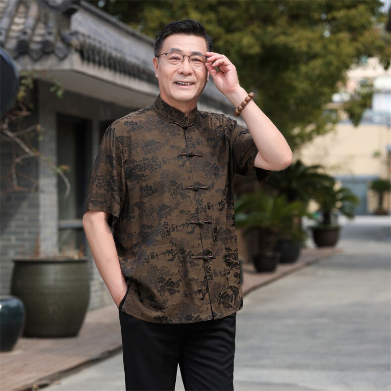 主推风唐装男夏新款香云纱立体扣冰丝提花短袖中老年套装,男装民族服装,钱塘723