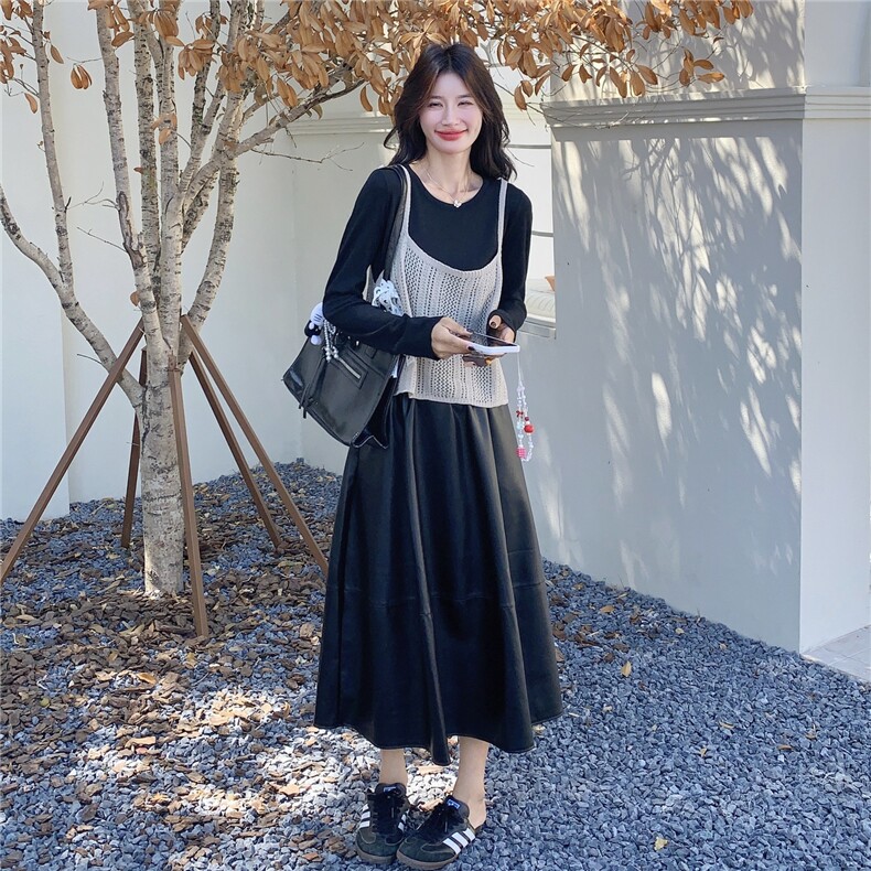 韩版时尚百搭圆领短袖T恤减龄叠穿针织背心PU皮半身裙三件套女潮,女装套装/套裙,2C166