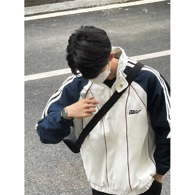W10206-P55 网图现货 春秋山系潮牌条纹拼接休闲外套高街撞色夹克图片