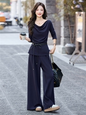 2025年秋新款时尚舒适荡领T恤阔腿裤两件套高级感气质复古轻熟风，女装套装/套裙，流量+