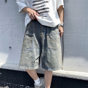 夏季薄款做旧水洗牛仔短裤潮流新款宽松休闲阔腿七分裤图片