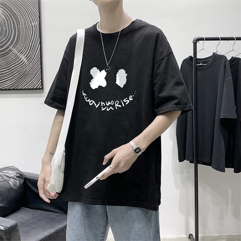 T1795P25港风室内宽松T恤棉2021男线条笑脸英文印花短袖T恤,男装T恤,星座510A-1