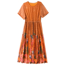 夏季女装新款时尚洋气度假风冰丝网孔提花腰带收腰大码连衣裙，女装大码女装，缘衣格