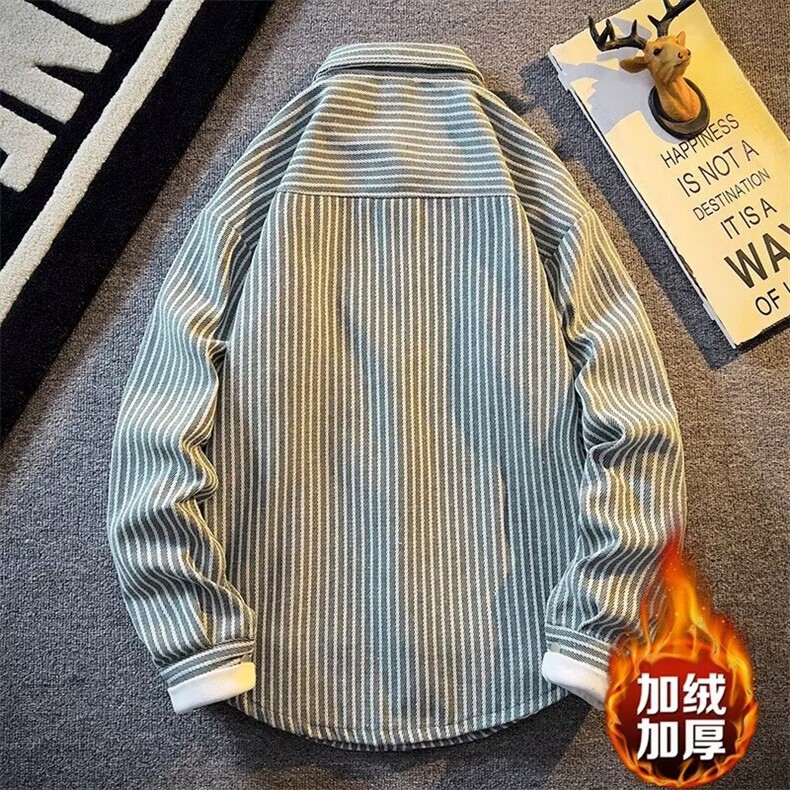日系复古条纹口袋衬衫男长袖春秋男士高级感休闲衬衣加绒时尚外套,男装衬衫,星座218-1（原230）