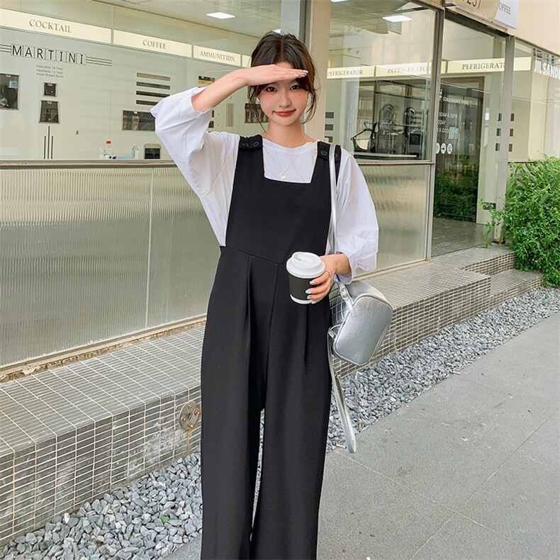 时尚黑色背带裤女2025夏季新款韩版宽松高腰显瘦阔腿直筒裤两件套,女装套装/套裙,2C169