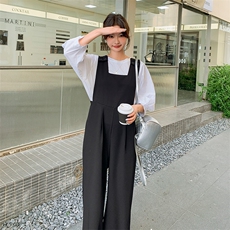 时尚黑色背带裤女2025夏季新款韩版宽松高腰显瘦阔腿直筒裤两件套，女装套装/套裙，2C169