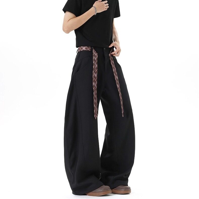 西裤针屋美覆古设计腰带弯刀裤男士宽松休闲阔腿裤K6669-P42，男装西裤，星座412-3