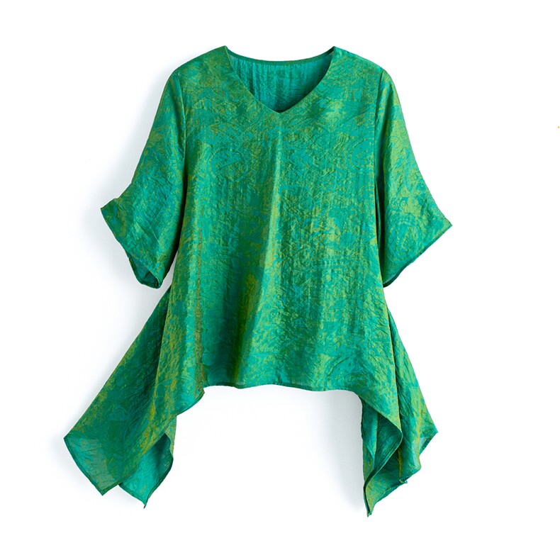 时尚宽松休闲新中式提花衬衫暗花短款小衫女，女装蕾丝衫/雪纺衫，水衣源