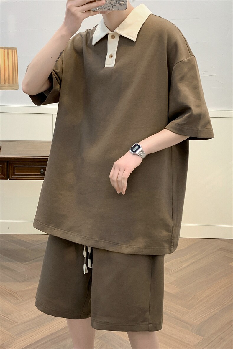 夏上新学生潮牌翻领T恤套装运动休闲短裤T恤男女7608-P70控价98,男装T恤,电商A441-1