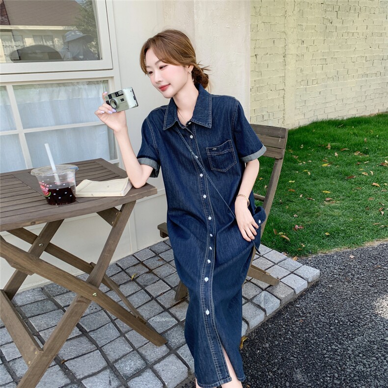 蓝色简单大方的牛仔连衣裙女2025初夏穿搭宽松休闲polo领衬衫裙子,女装连衣裙,2C176