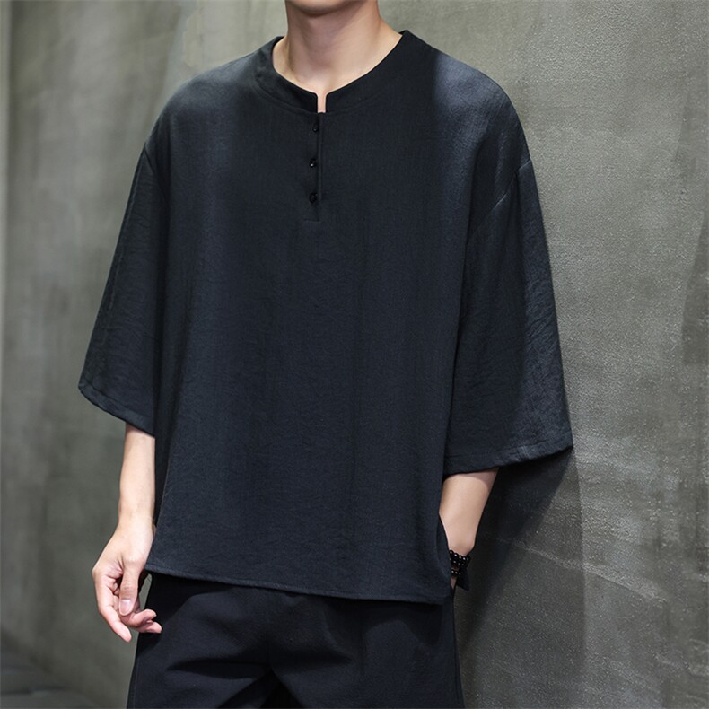 2025夏季风七分袖立领上衣盘扣休闲纯色T恤宽松大码T2510-P60，男装T恤，电商A008