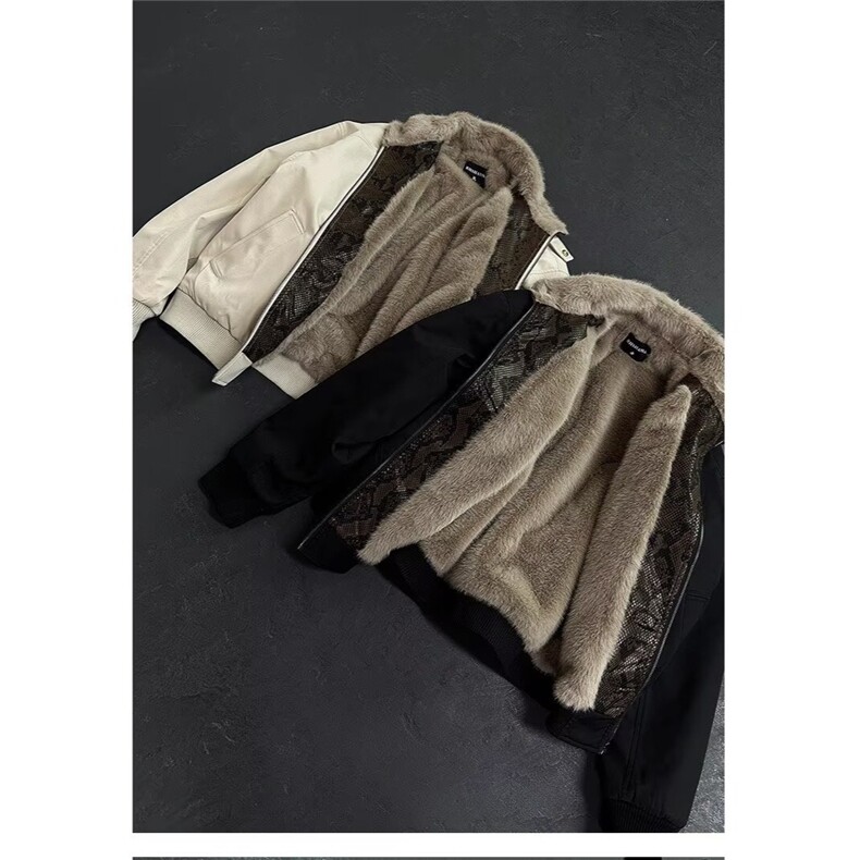 现货 美式宽松PU皮立领拼接座山雕短款棉服M0010/P105图片