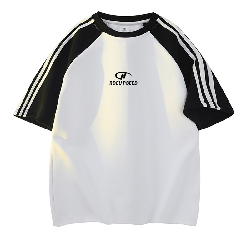 抖音得物品质二开240克宽松纯棉美式潮牌插肩三杠织带短袖T恤,男装T恤,电商A486-1