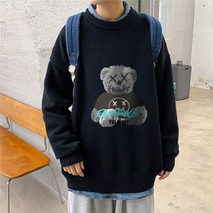 1港风圆领中性情侣潮流大码M-5XL印花加厚毛衣男7687P48加绒P55图片