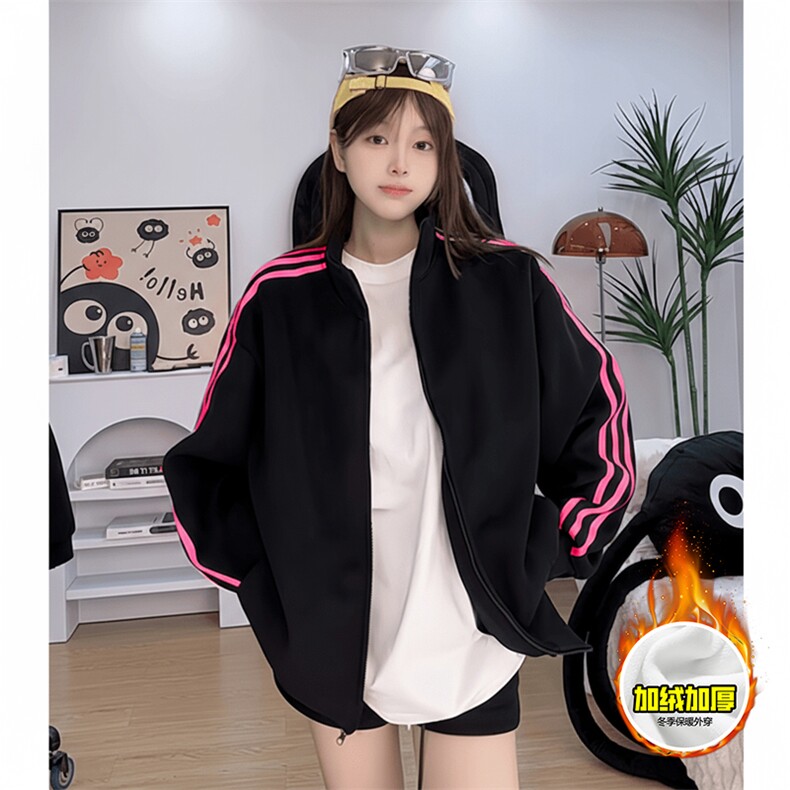 480G重磅加绒硬挺boxy男女秋冬美式高街三条杠立领卫衣开衫厚外套，女装短外套，电商A486-1