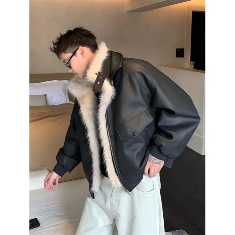 JY703-P122 美式复古座山雕毛领品质感PU皮夹克 网图图片
